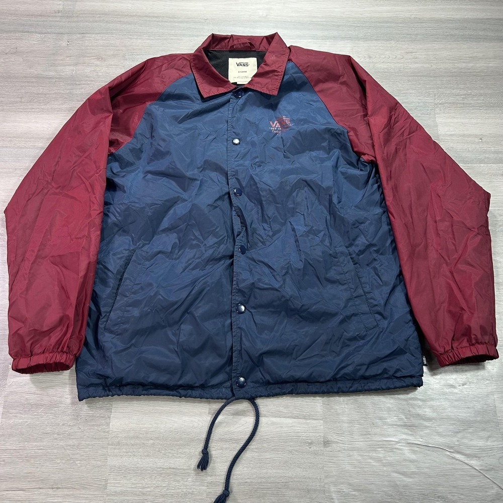 Vans Jacket Mens XL‎ Blue Burgundy Fleece Lined Snap Coach Windbreaker Skate